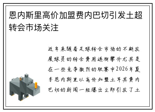 恩内斯里高价加盟费内巴切引发土超转会市场关注