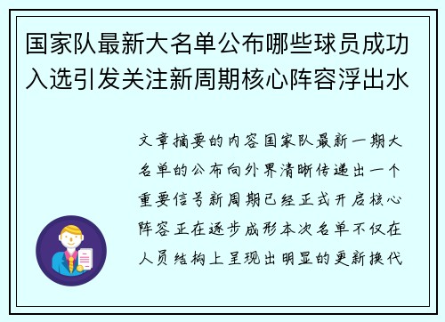 国家队最新大名单公布哪些球员成功入选引发关注新周期核心阵容浮出水面 国家队最新大名单公布哪些球员成功入选引发关注新周期核心阵容浮出水面