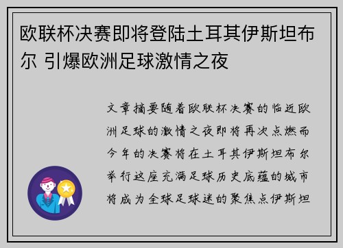 欧联杯决赛即将登陆土耳其伊斯坦布尔 引爆欧洲足球激情之夜